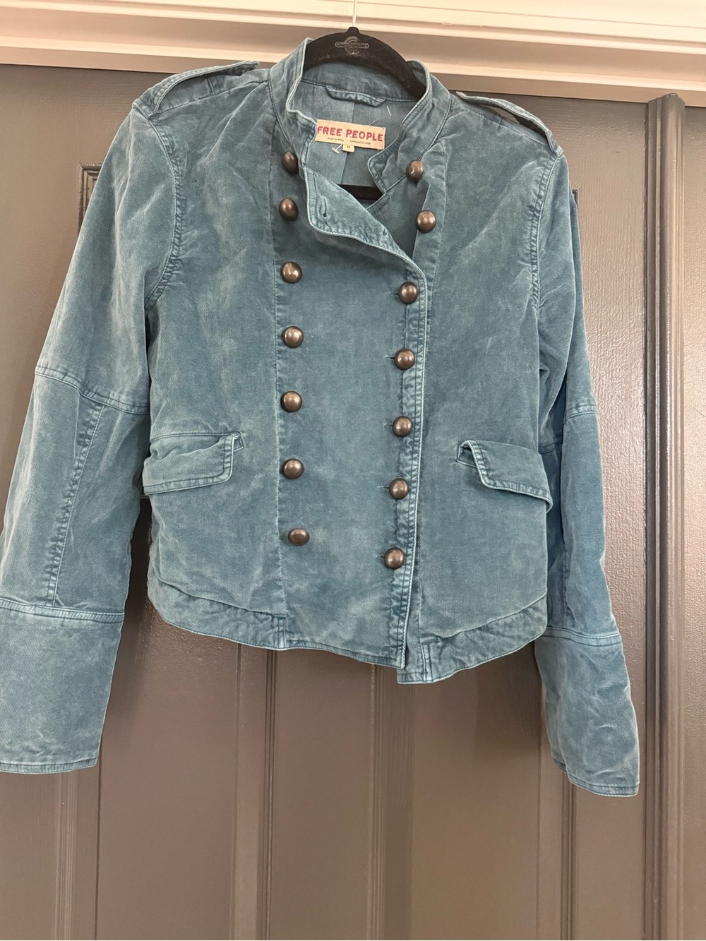 Free People Vintage Teal Double-Breasted Military Jacket